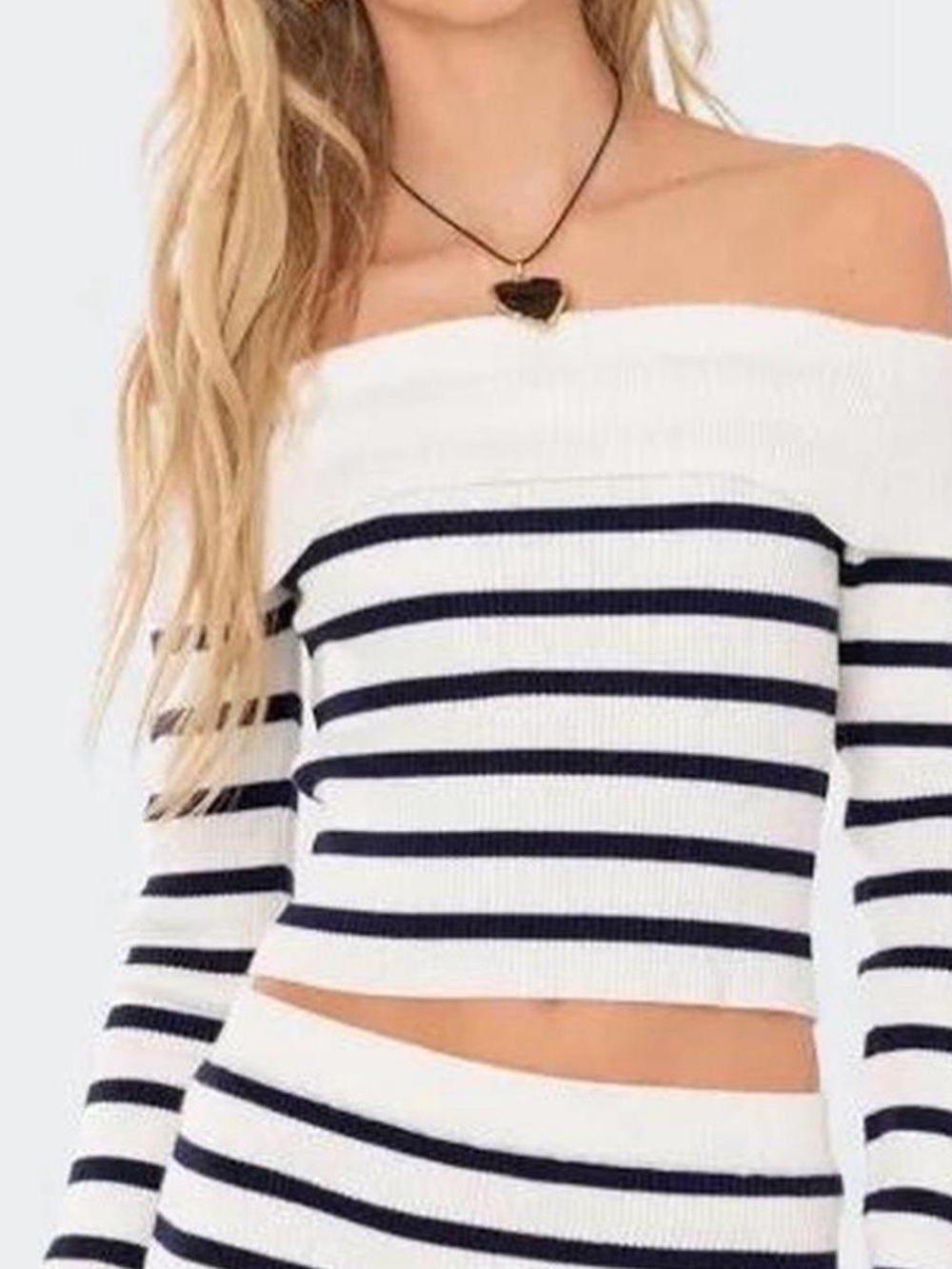 Edikted White and Navy Striped Off-the-Shoulder Crop Sweater